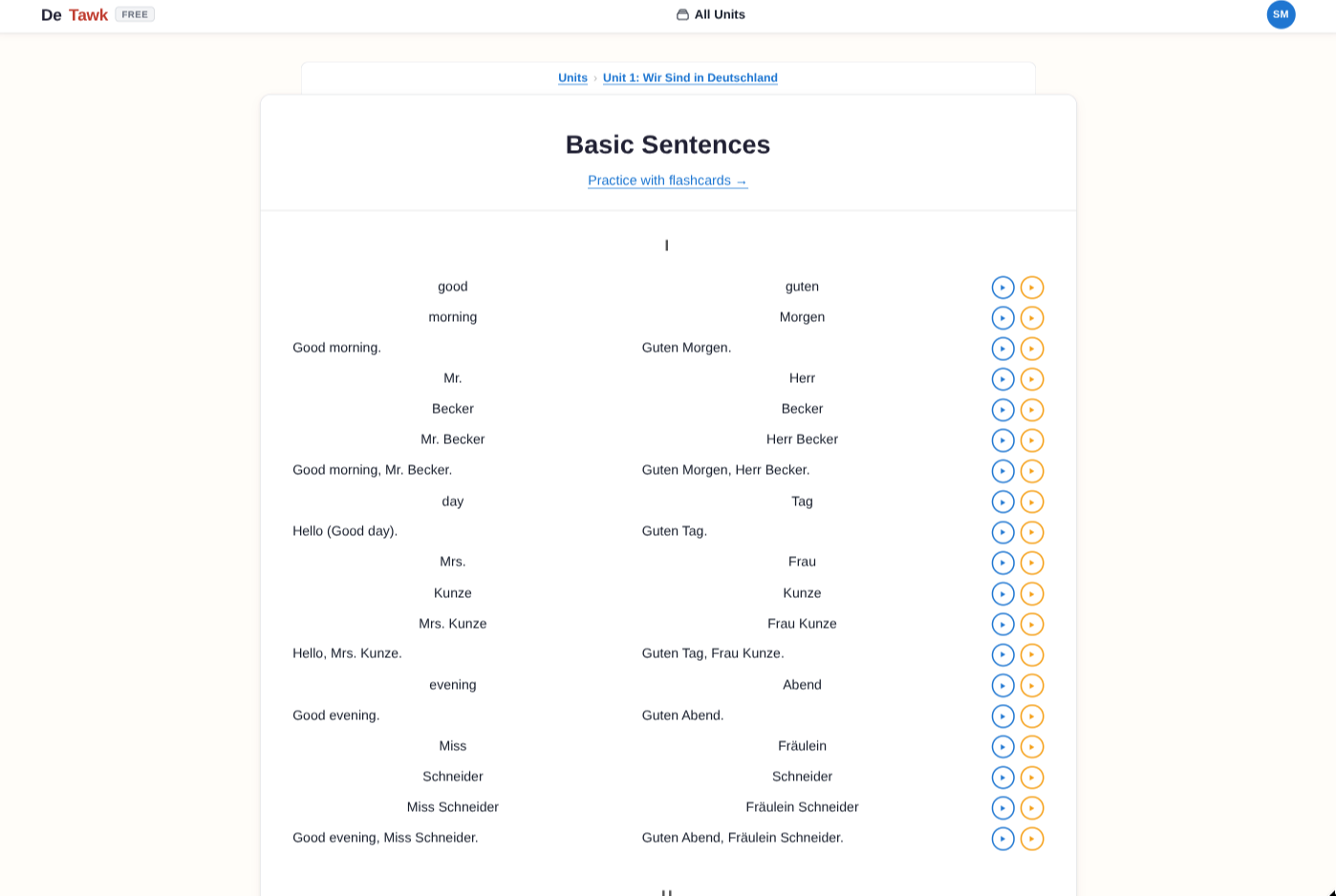 Basic Sentences section in DeTawk